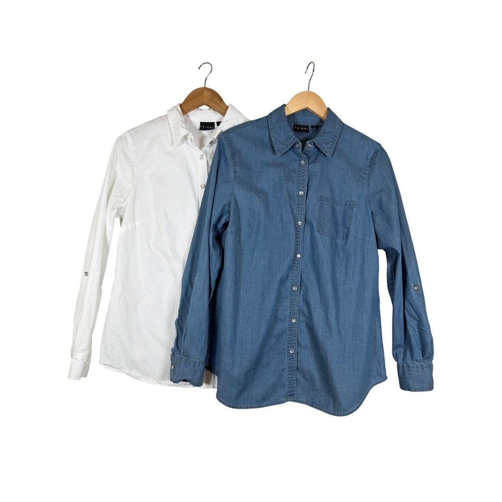Tribal Pearl Snap Button Up Shirts Womens 10 2‎ Long Sleeve Collared Denim White